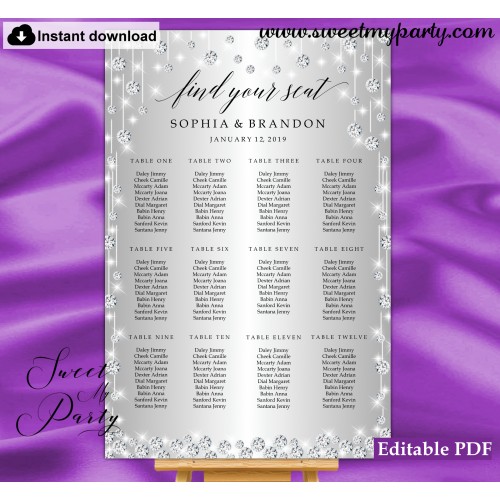 Silver diamonds seating chart,Silver sparkly seating chart,(015w)